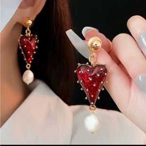 Chic Red Heart Earrings with Pearl Drop